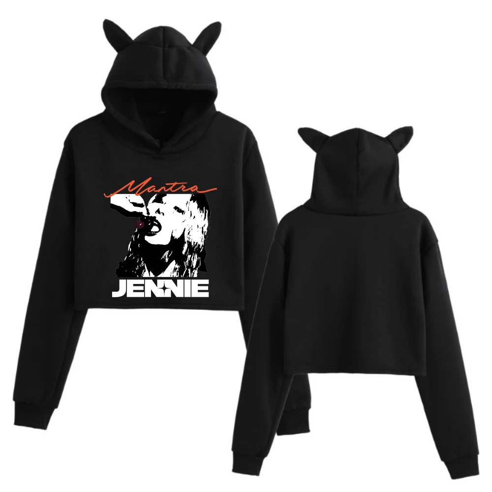 Jennie Mantra Cat Ears Long Sleeve Crop Tops Girls Fashion Hoodie