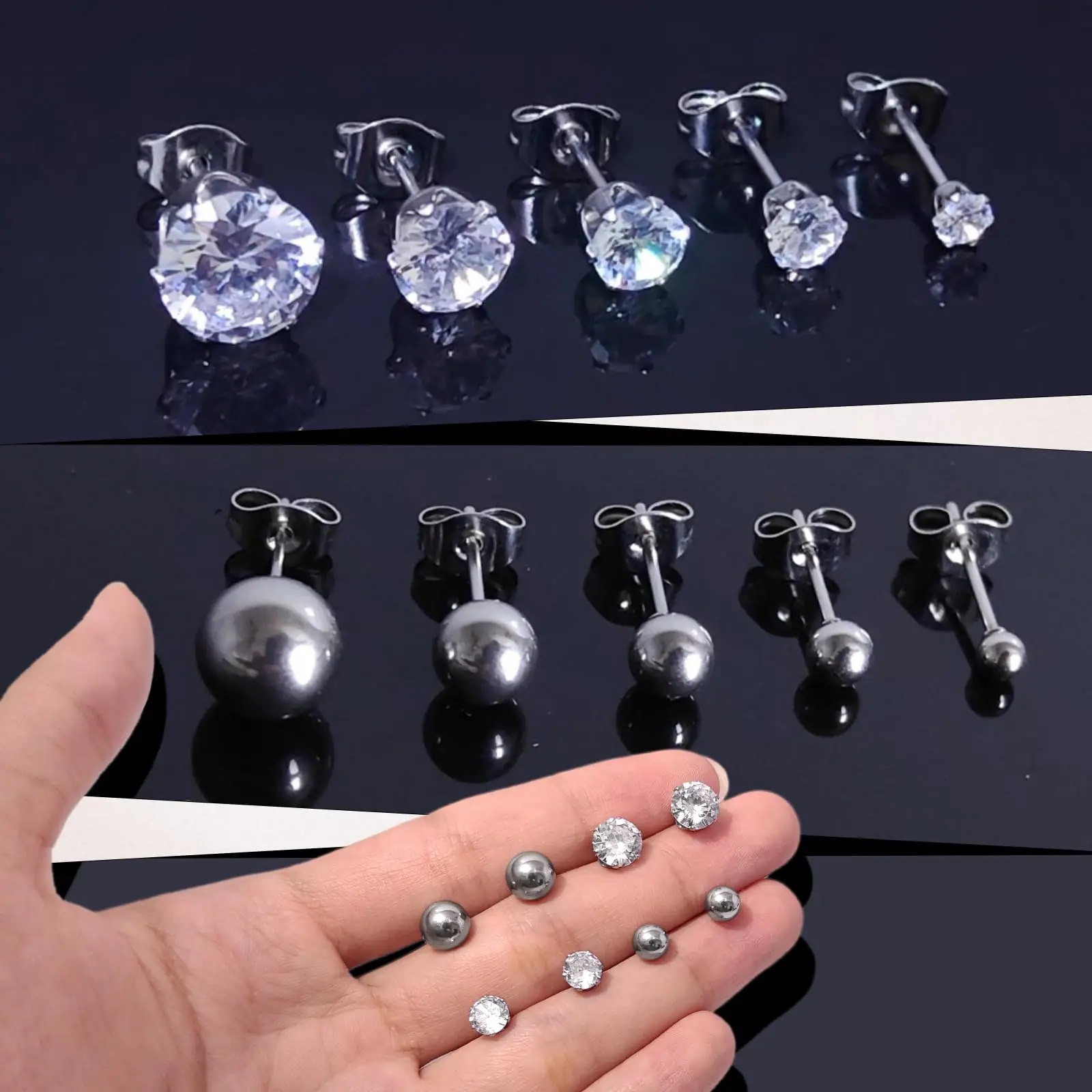 5/10 Pairs Hypoallergenic Surgical Stainless Steel Cubic Zirconia and Ball Stud Earrings Set for Women Men Ear Piercing Jewelry