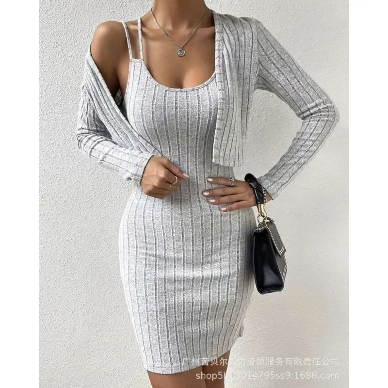 Tight Dress 2pcs Sets Outfits Sheath Dress Sets Trend Long Sleeve Cardigan Tops Women Long Sleeve Sling Grey Tops Bodycon Dress