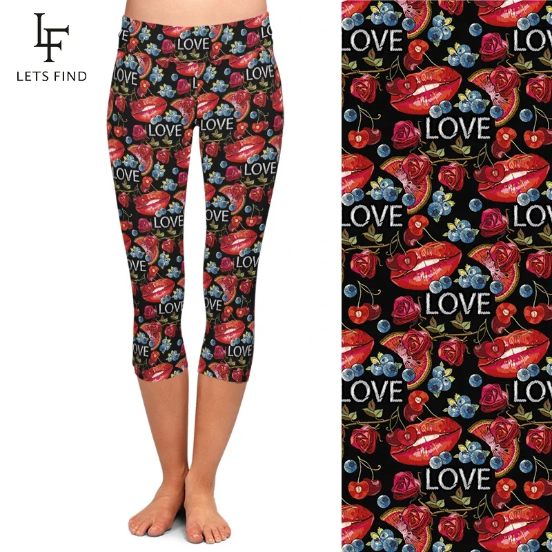 LETSFIND Legging Wanita 3D Motif Bibir Setengah Betis Legging Kapri Fitness Ramping Seksi Pinggang Tinggi Mode