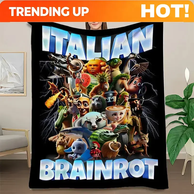Customize Italian Brainrot Whimsical Collage Flannel Blanket, throw blanket，Quirky Characters & Bold Typography, Super Soft Warm
