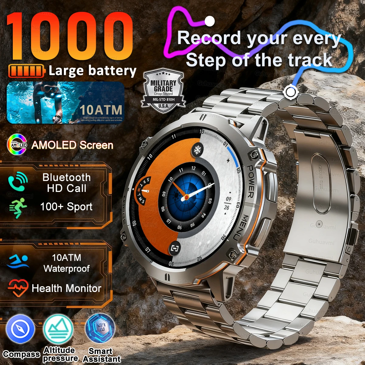 

New T-REX3 Outdoor Smart Watch 1.73 inch AMOLED 1000mAh Large Battery Compass 10ATM Waterproof Call Sports Men Fitness Bracelet
