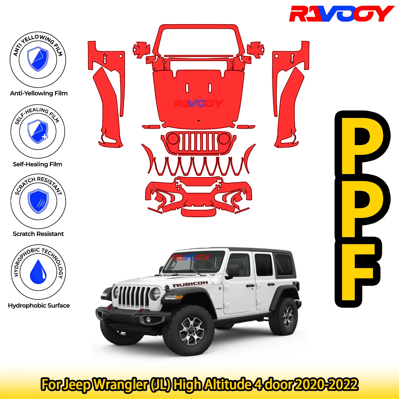 

Для Jeep Wrangler (JL) Высотный 4-дверный 2020-2022 глянцевый матовый черный предварительно вырезанный передний комплект PPF, защитная пленка для краски