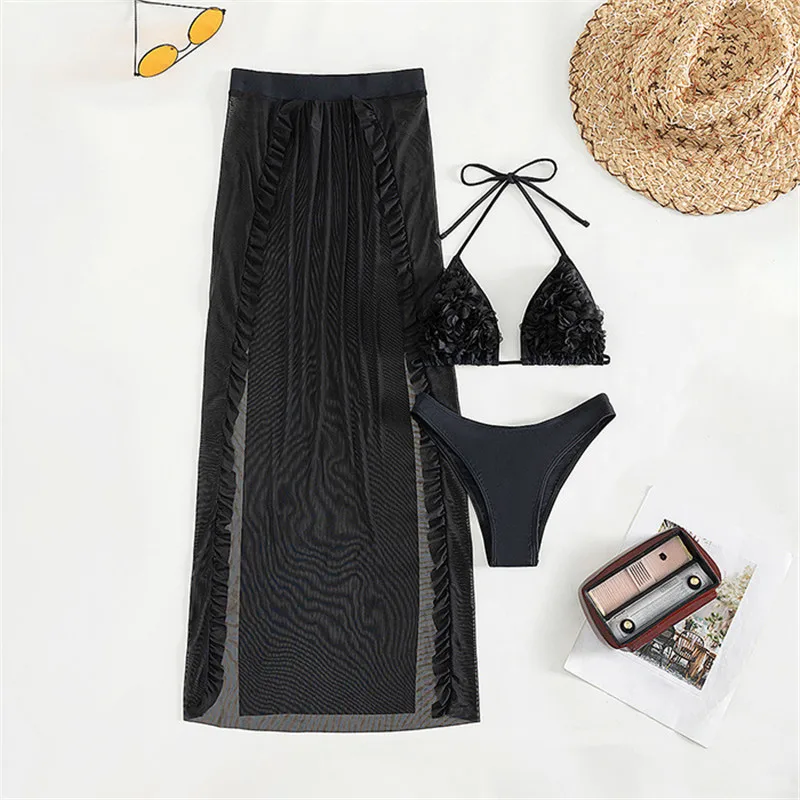 Sexy Black Flower 3 Piece Bikinis Set Swimwear Mesh Skirts Cover Up String Halter Swimsuits Women 2024 Beachwear Triangle Bikini