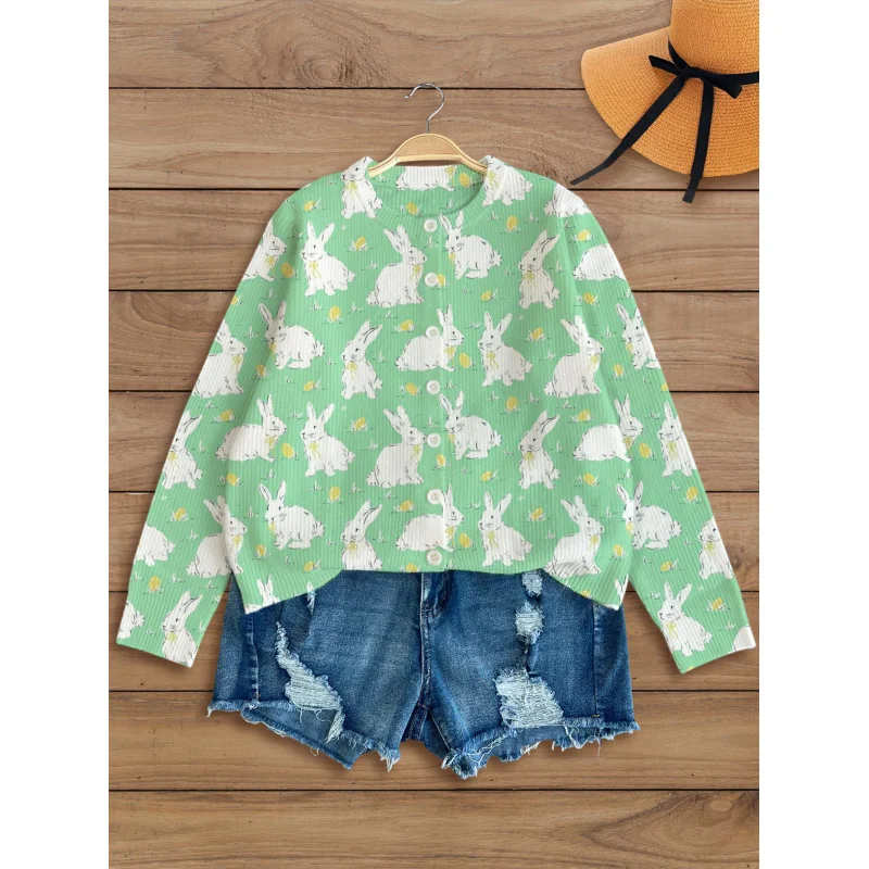 

Свитер с принтом белого кролика из мультфильма, мягкий вязаный свитер, женский осенний кардиган, длинный рукав, круглый вырез, теплый свободный крой