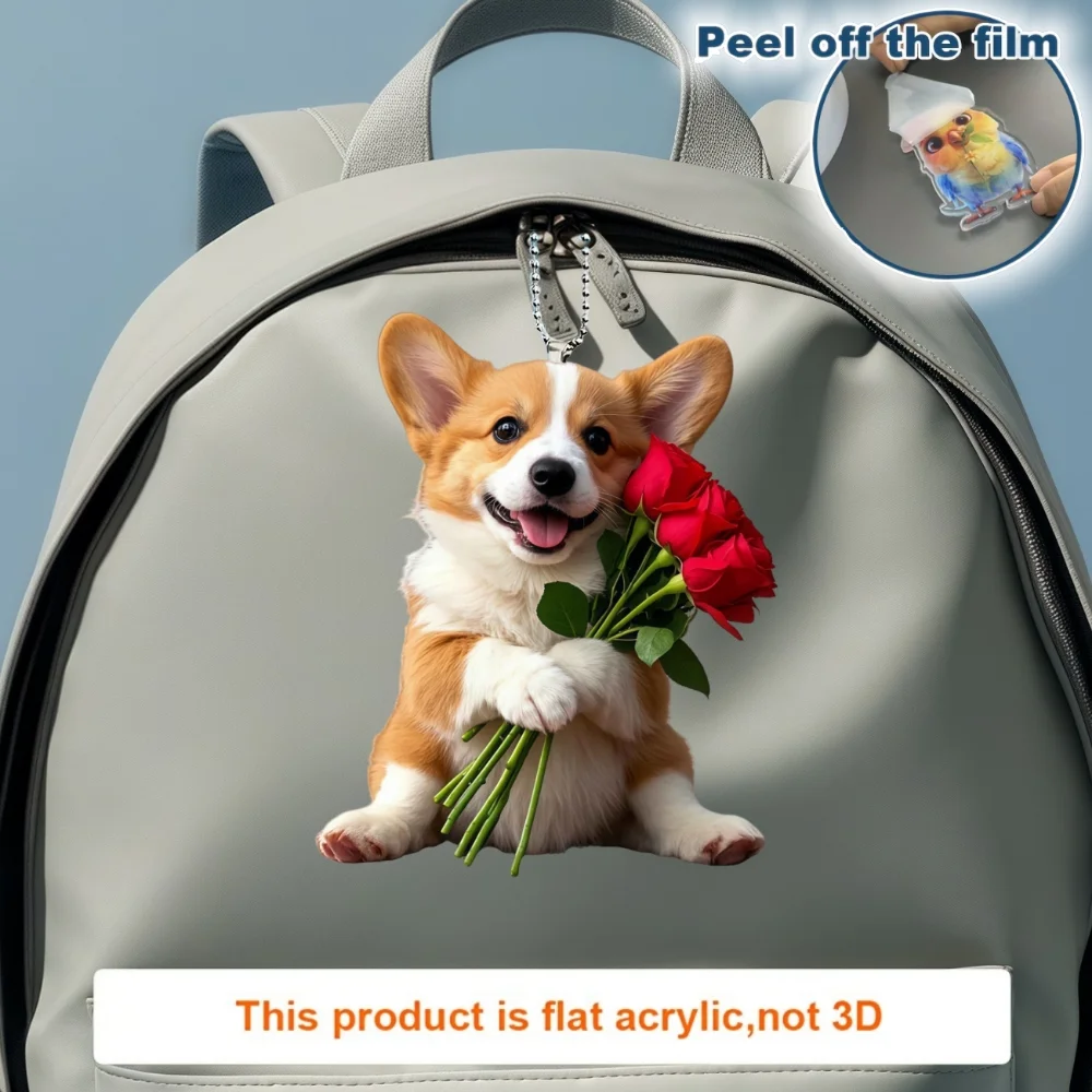 Cute Corgi & Rose Pendant Keychain,Chic Puppy 2D Flat Acrylic Hanging Charm,Decor for Car,Bag,Party,Festive-Valentine\'s Day Gift