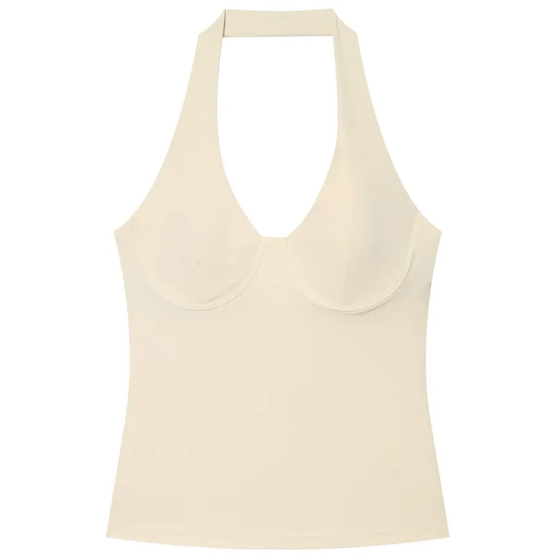 HXAO Halter-Top für Damen, Sommerliches Ärmelloses Crop-Top, Rückenfreies Bustier-Oberteil in Beige und Schwarz, Schulterfreies Korsett – Detail 2
