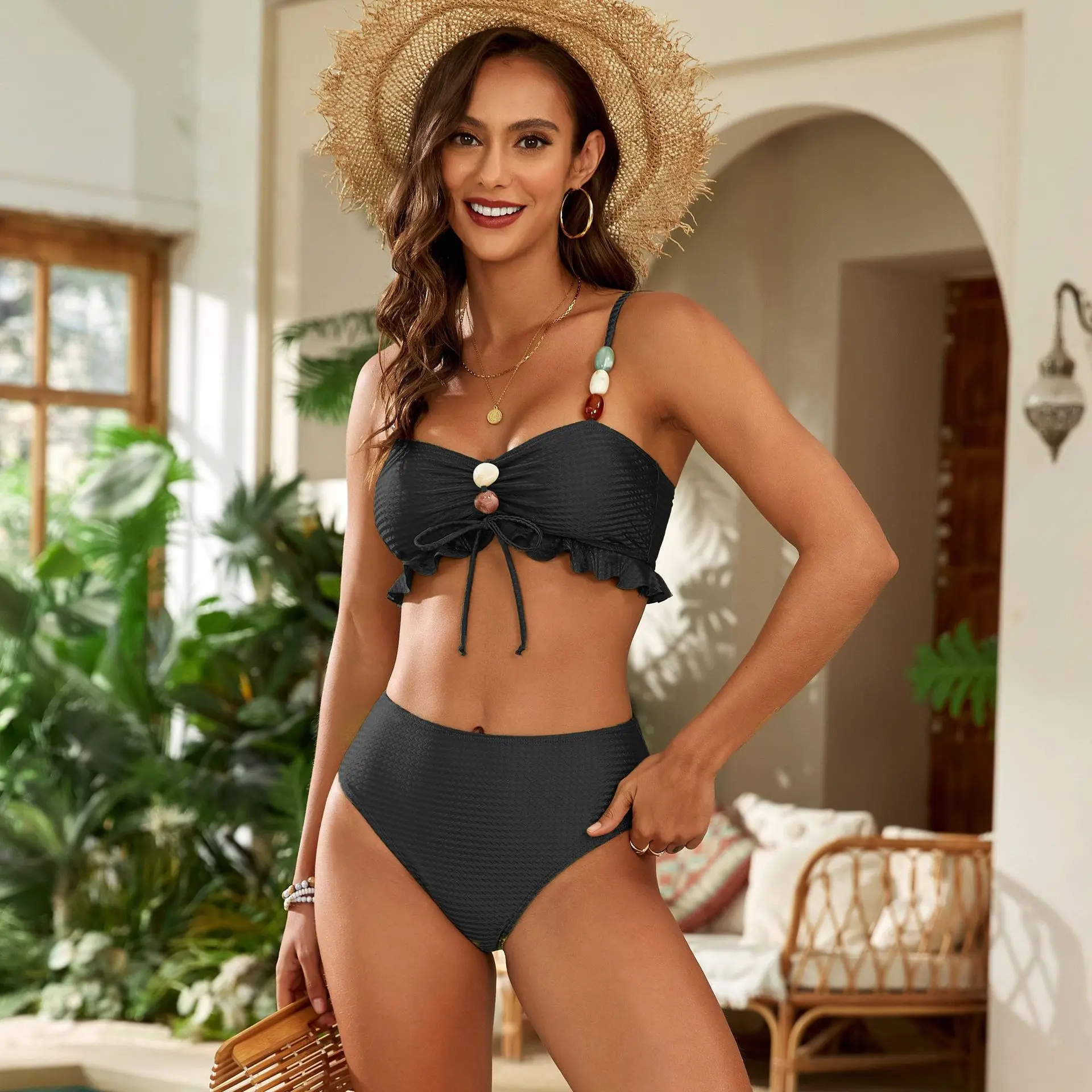 Sexy Swimsuit Women 2026 3 Pcs Skirt Swimwear Pearl Bikinis Set Solid Ruffles Bathing Suit Brazilian Bather Biquini Summer Vacay