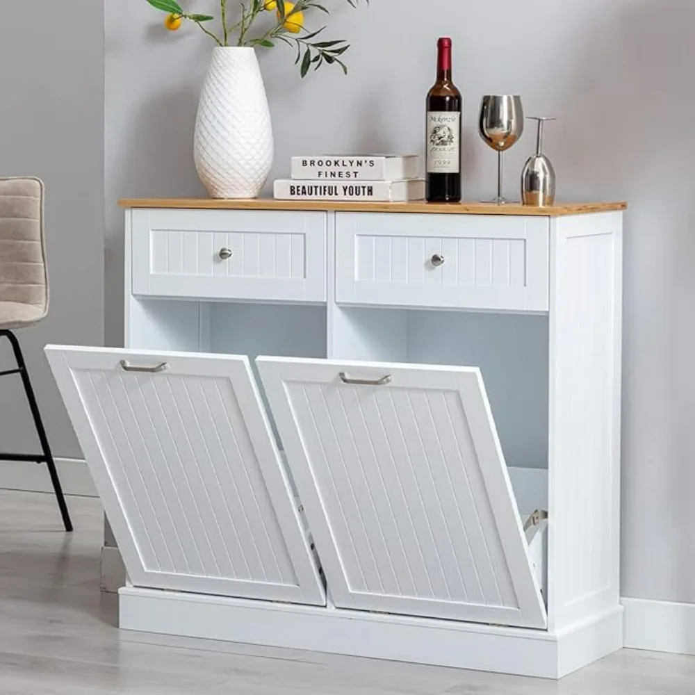 

Double Tilt Out Trash Cabinet 20 Gallon, Recycling Cabinet with Drawer & Removable Cutting Board, Dog Proof Trash Can Cabinet