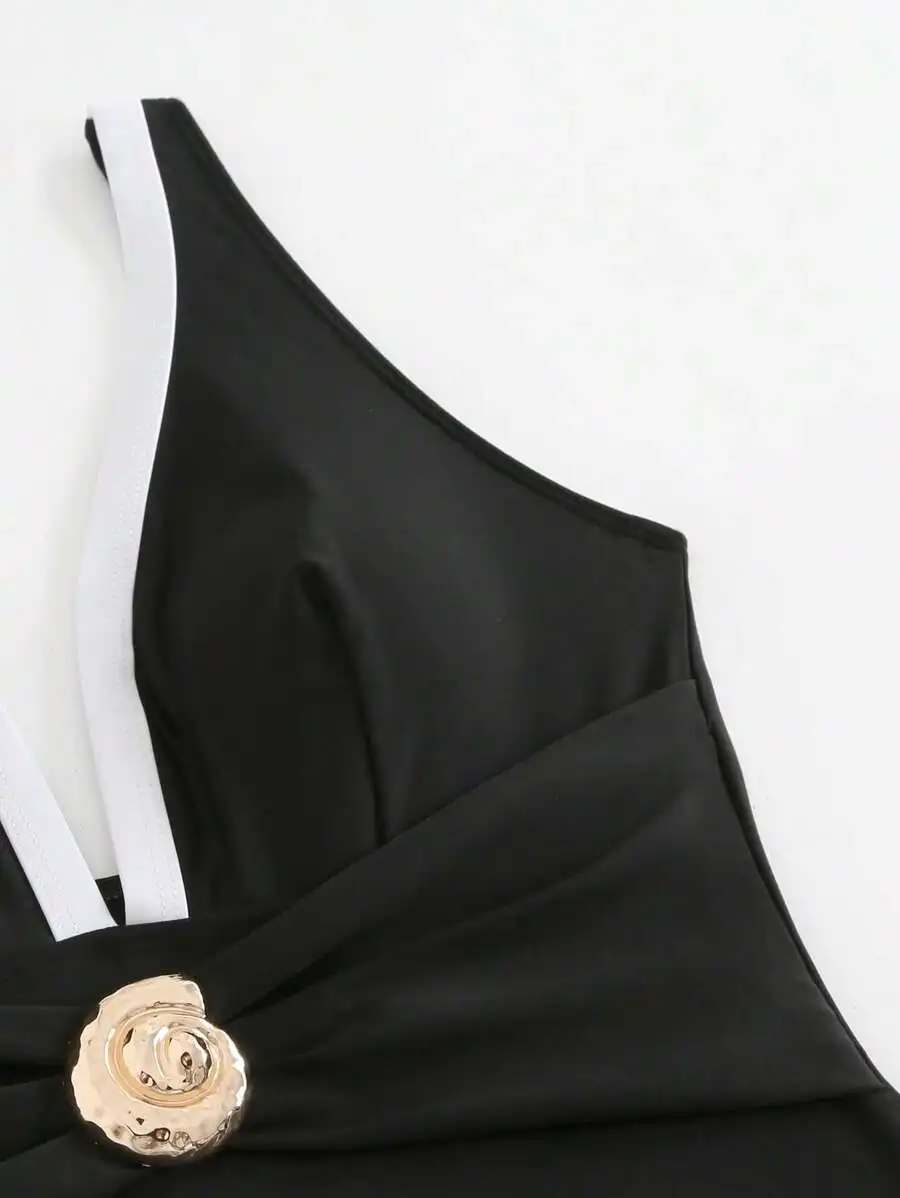 

Womens Black And White Contrast Deep V Neck One Shoulder Swimsuit With Metal Decor Slit Mini Skirt