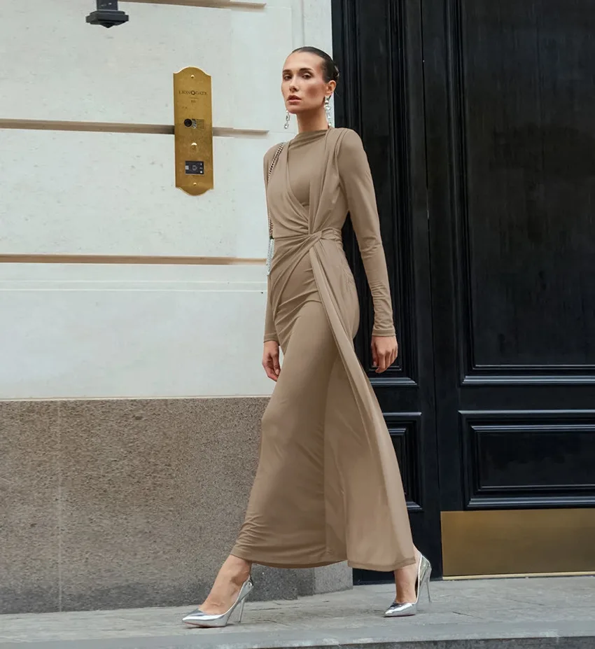 BKLD Fashion Jesienne Francuskie Długie Sukienki Damskie Elegancka Sukienka Wieczorowa z Wysoką Talią, Marszczeniami, Wyszczuplająca, z Długim Rękawem, Jednolity Kolor