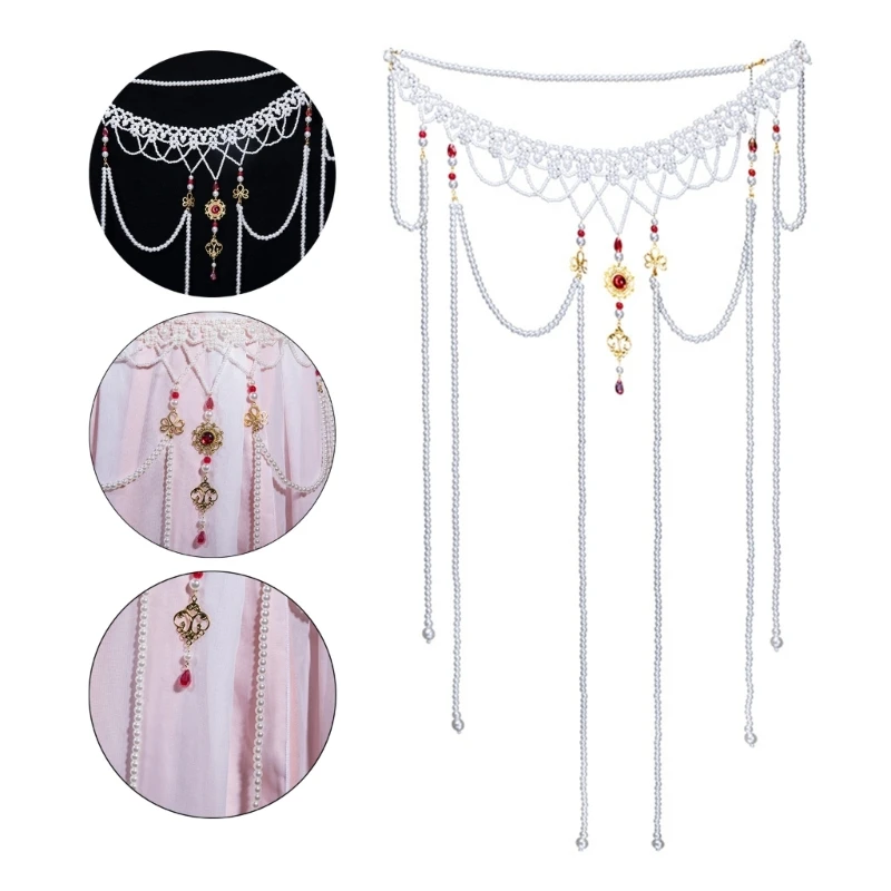 MXMB Chinese Ancient Long Tassels Pearls Waist Chain Belt Dynasty Hanfu Dress Costumes Dunhuang Accessories Props