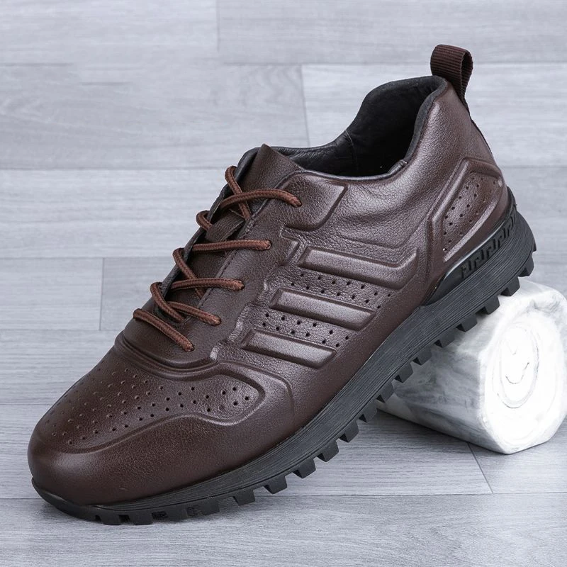 Genuine Leather Shoes Men Thick Bottom Top Layer Cowhide Trekking Running Sneaker Soft Outdoor Hollow Out Breathable Size 37 45