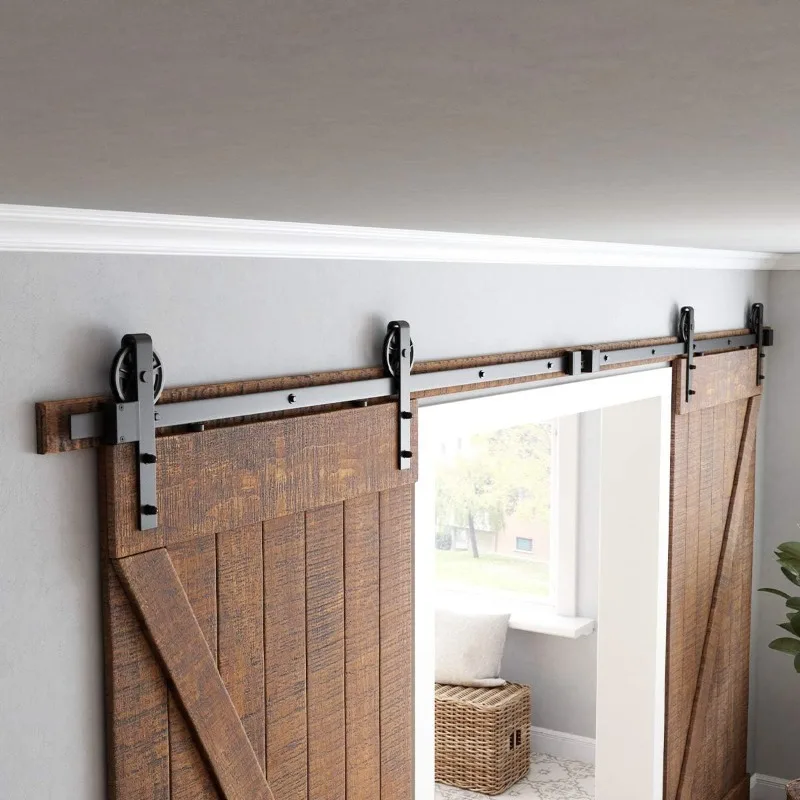 13ft sliding double barn door hardware kit, black, smooth and quiet, heavy duty industrial design, easy to install