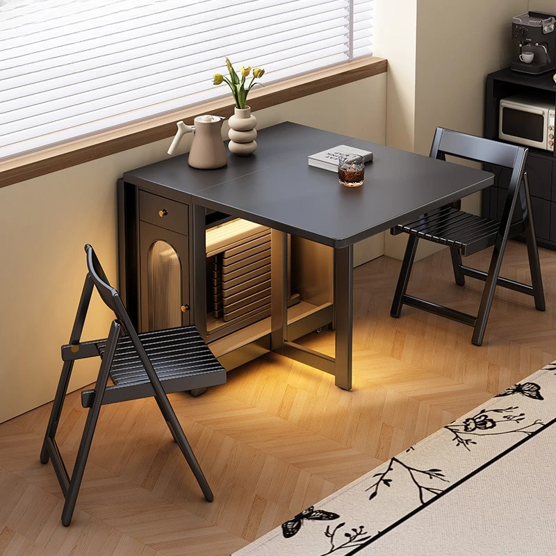 

Black retro all solid wood folding dining table for home use modern light luxury rectangular