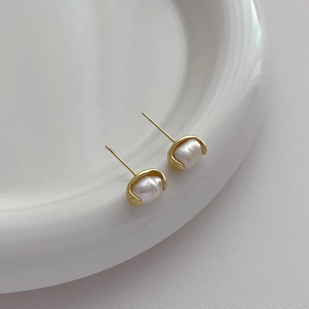 ALLNEWME Textured  Gold Plating Copper Real Freshwater Pearl Irregular Beans Small Stud Earrings for Women Statement Jewelry