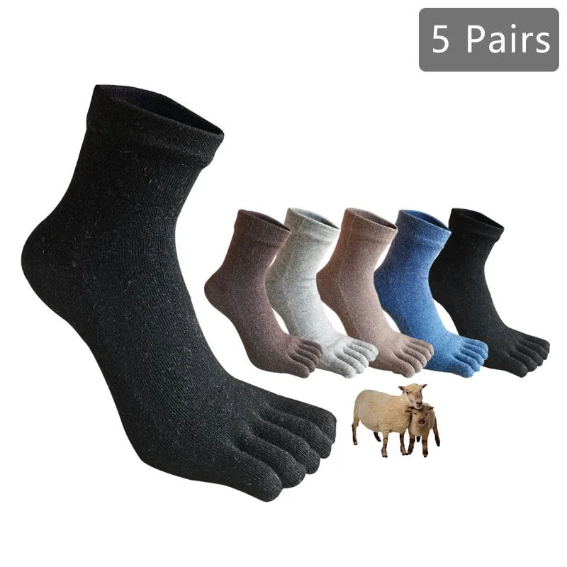 1/5 Pairs Wool Five Finger Short Socks Man Winter Solid Business Sweat-Absorbing Anti-Bacterial Breathable Warm Soft Toe Socks