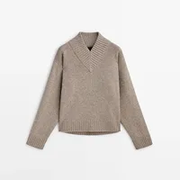 BM&MD&ZA Women's High V-neck Knitted Sweater Winter New Style Mixed Fiber Classy Fashion Full Sleeve Solid Color Crew Neck