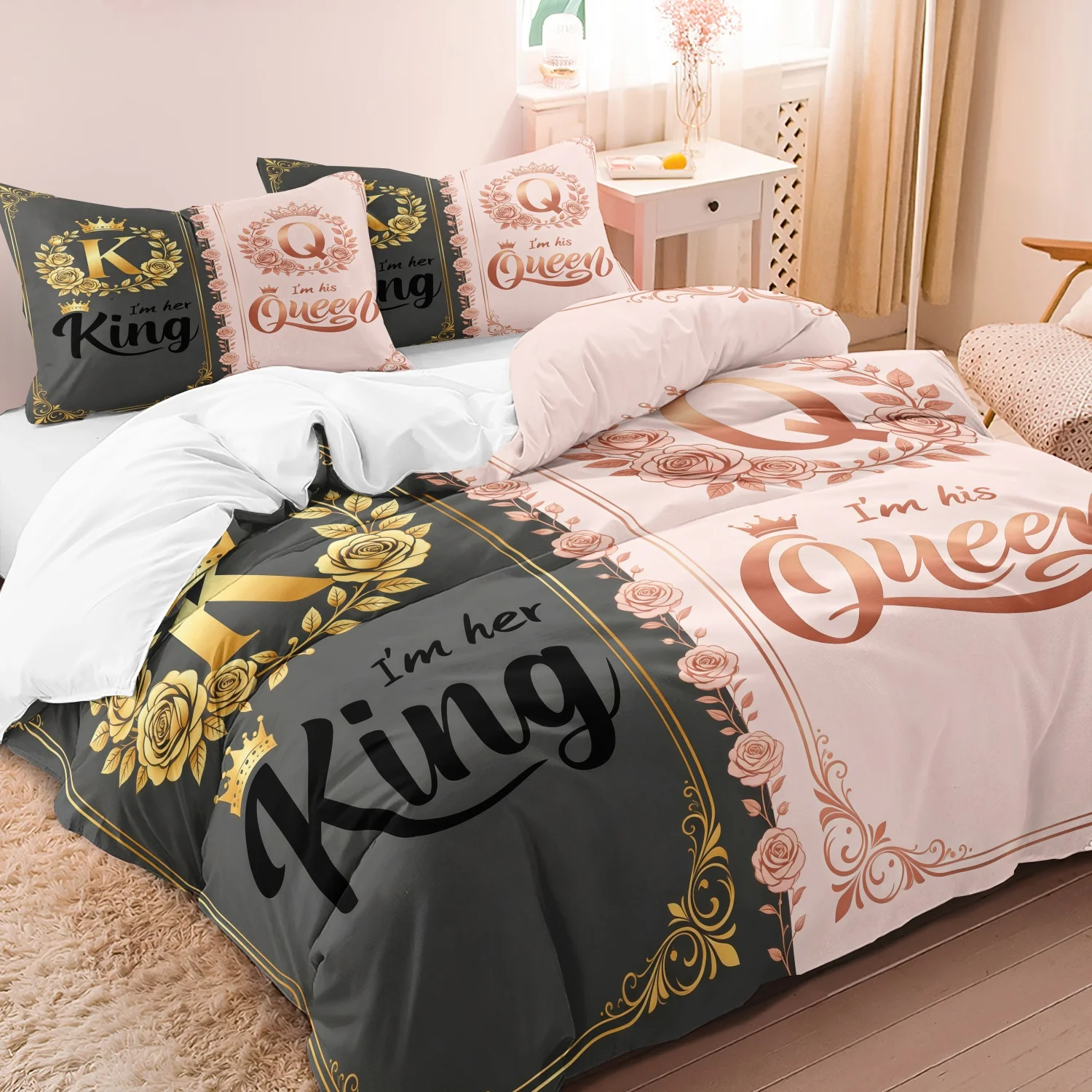 3Pcs Romantic King & Queen Couple Duvet Cover Set, Grey Pink Design Golden Crowns and Roses, I'm Her King I'm His Queen Bedding