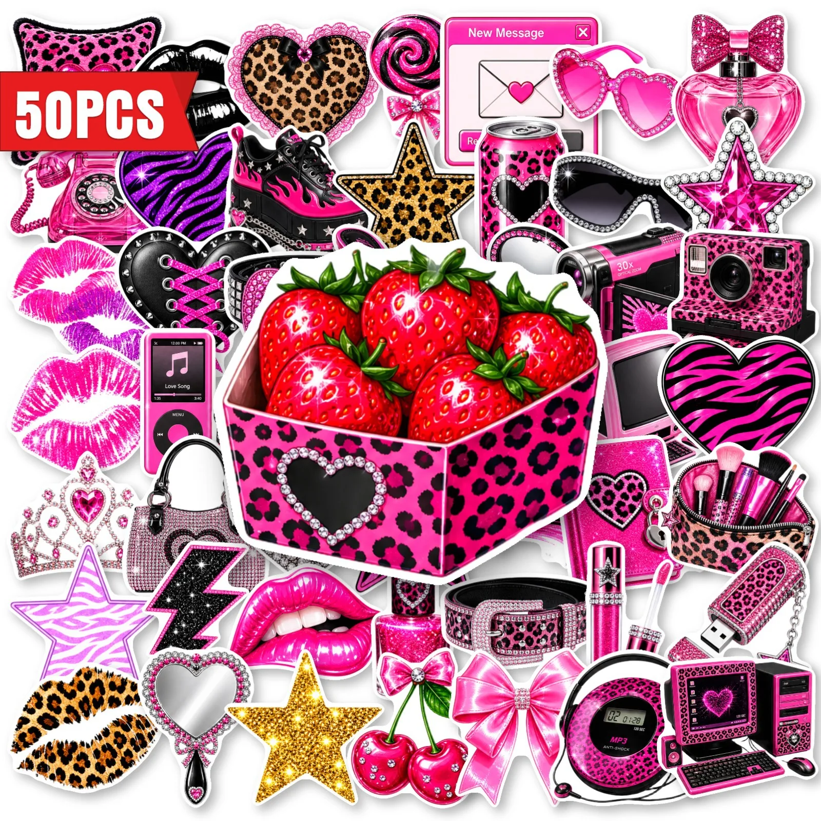 50 PCS Cool Leopard Print Hot Style Pink Personality Stickers Pack Decorate Skateboard Helmet Computer Desktop Waterproof Decals