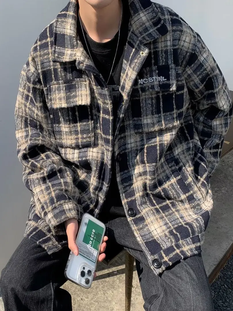 

Мужская куртка в стиле ретро-американский клетчатый узор, весна-осень, с отложным воротником, вышивкой, модный бренд, для студентов, стильная уличная одежда...