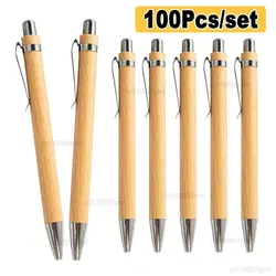 100Pcs Set Bamboo Wood Ballpoint Pen 1.0mm Tip Blue Black Ink Office School Writing Stationery Business Clip Signature Ball Pen