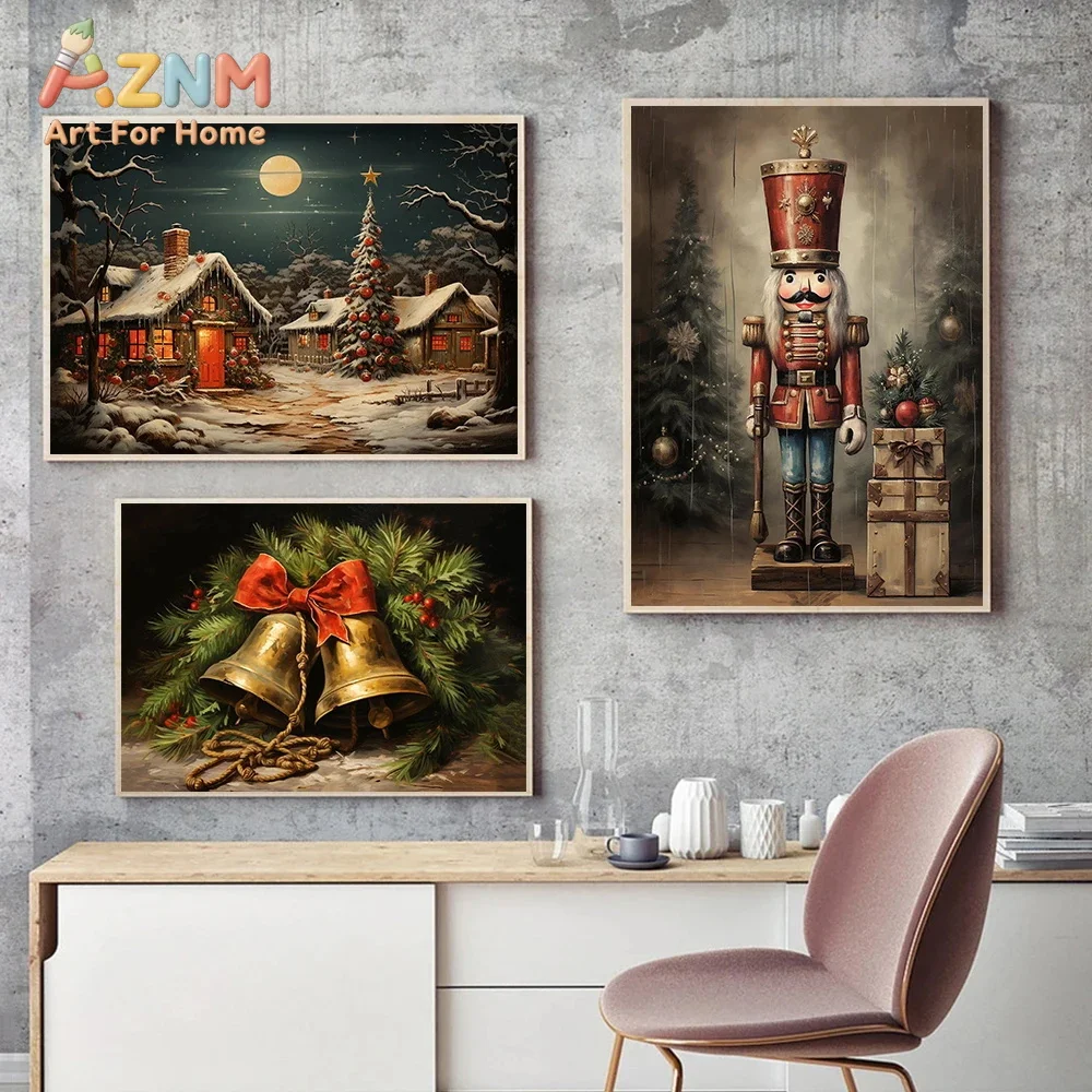 AZNM Vintage Christmas Oil Painting Canvas Wall Art Santa Gingerbread Man Xmas Tree Train Fireplace Festive Winter Unframed Canv