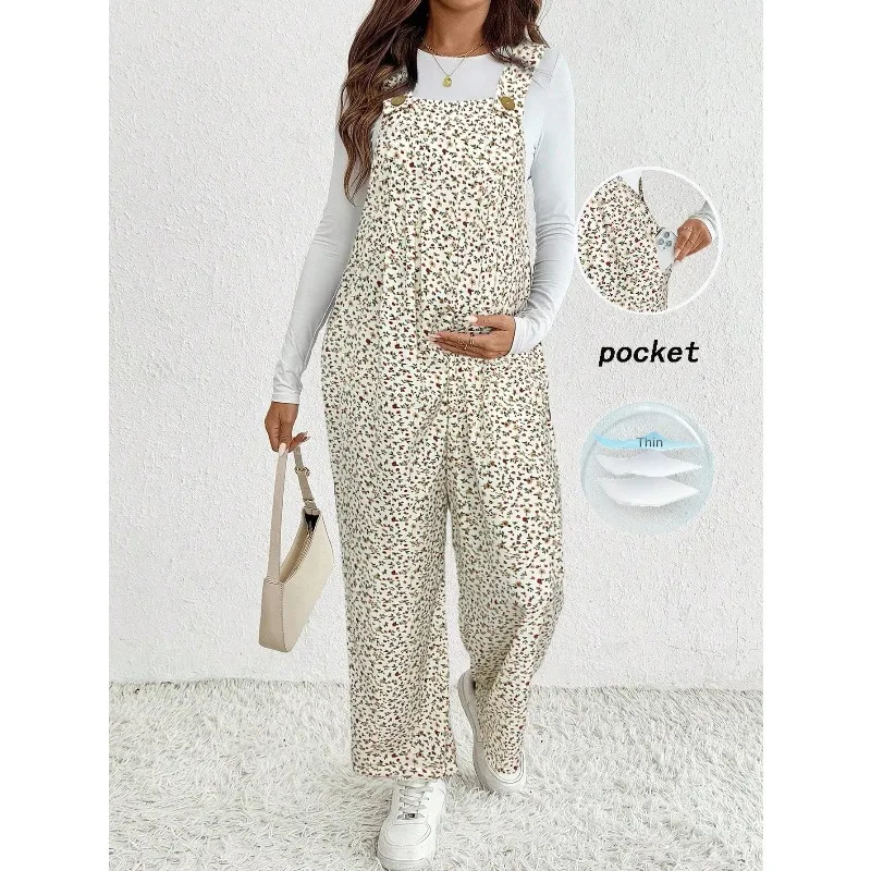 

Spring Summer Maternity Pants Suspender Trouser Loose Casual Pregnant Women Floral Printed Rompers Overalls Wide-Leg Jumpsuits