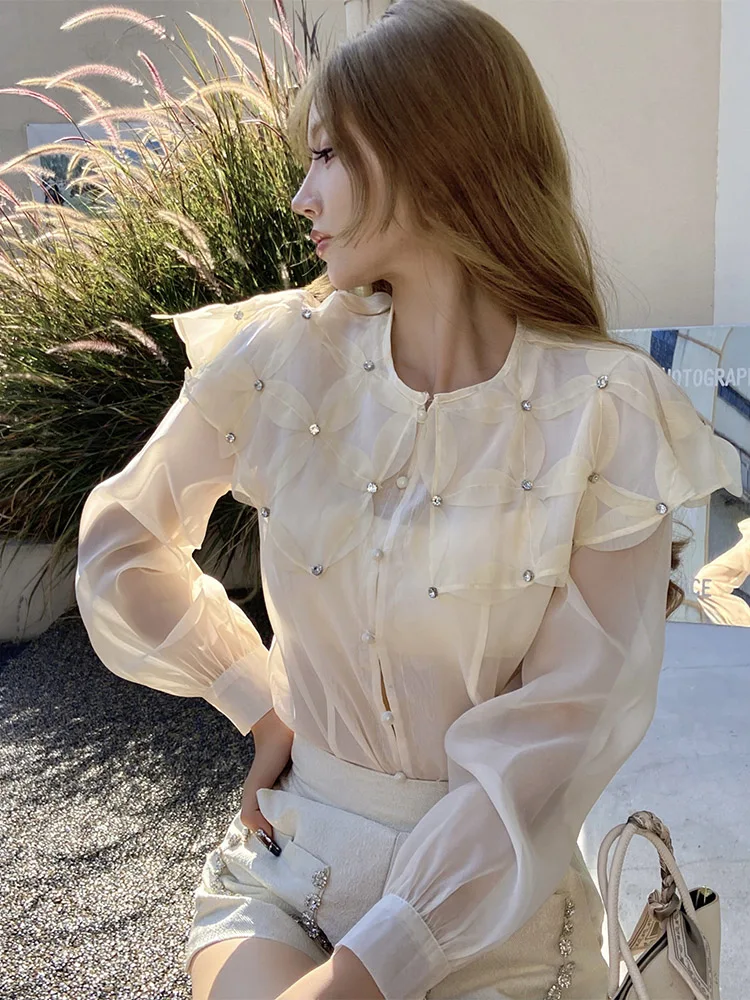 Dabuwawa Appliques Shirt Women 2023 New Collection Peter Pan Collar Rivet Blouse Korean Reviews Many Clothes DM1CST020