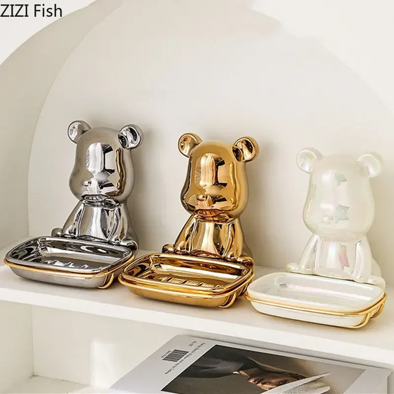 Light Luxury Bear Soap Dish Bathroom Ceramic Storage Ornaments Can Be Wall-mounted Home Accessories Set