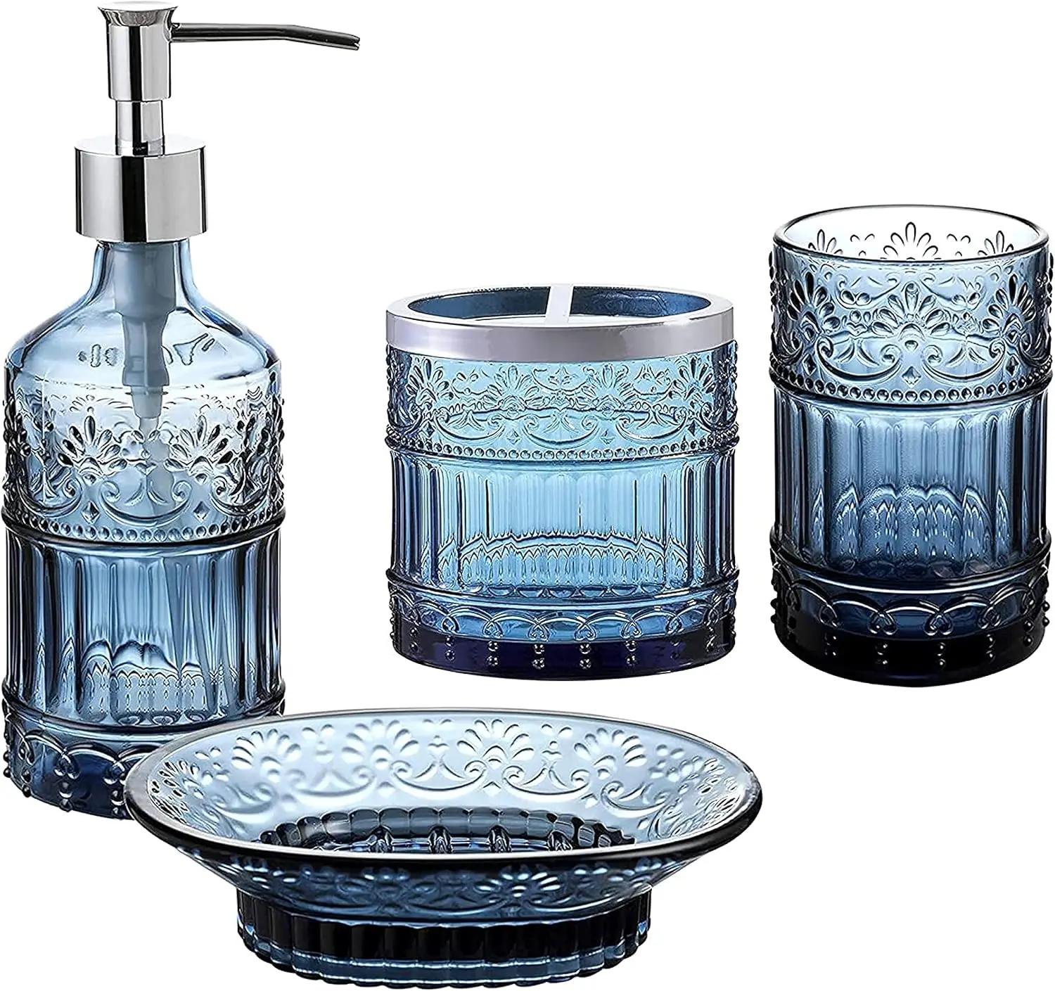 

Blue Glass Bathroom Set - 4-Piece Soap Dispenser, Toothbrush Holder, Tray & Jar - Elegant Boho Decor