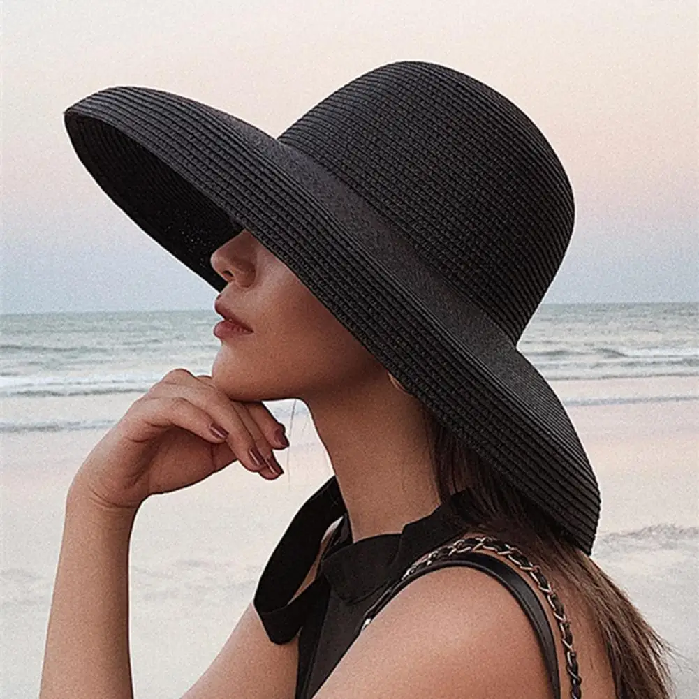 

Women Summer Sun Hat Flat Top Large Brim Sun Hat Solid Color Straw Hat Beach Vacation Hats Outdoor Travel Panama Cap