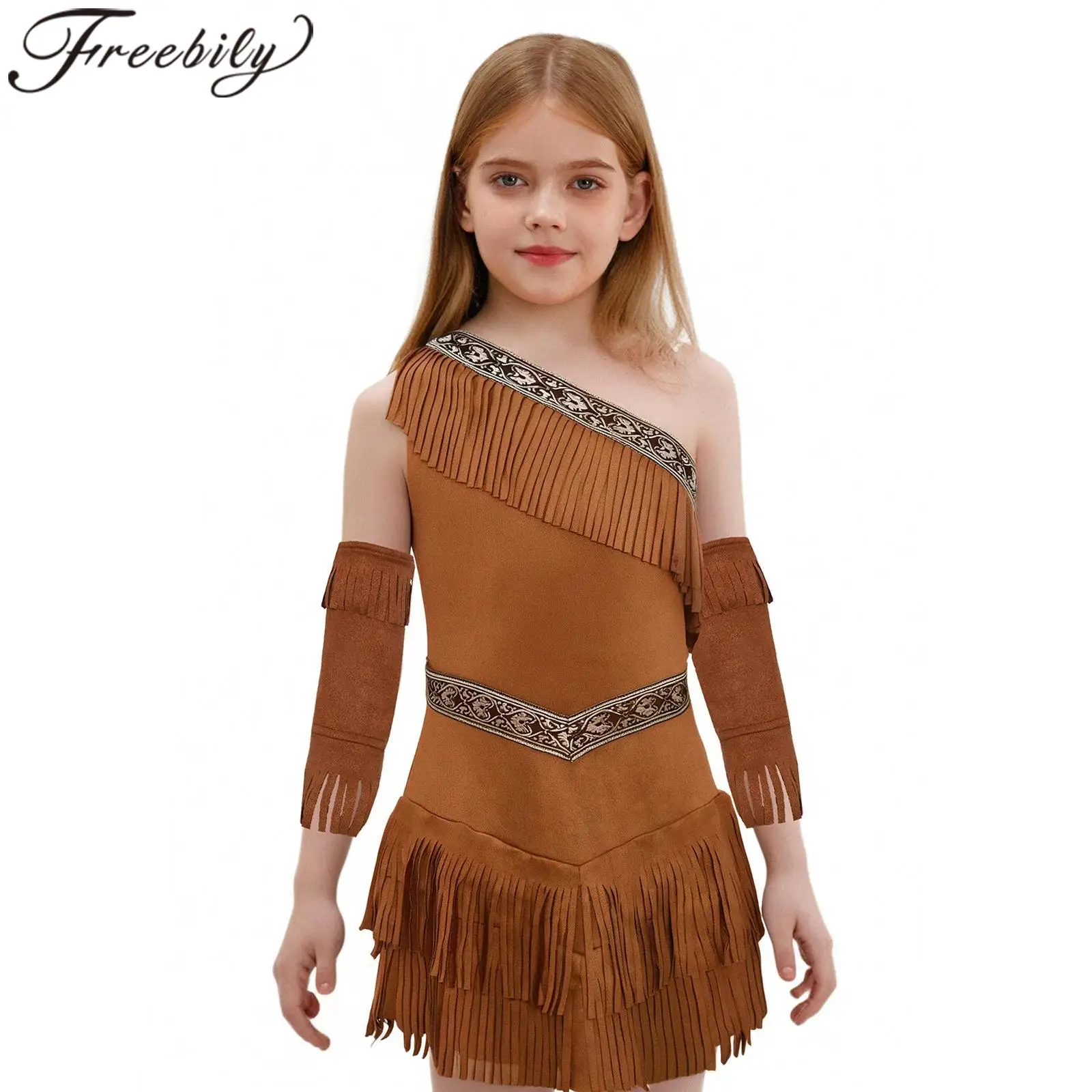 

Костюм индейской принцессы для девочек: платье из замши с бахромой и рукавами-кисточками, праздничный наряд для Хэллоуина и балов