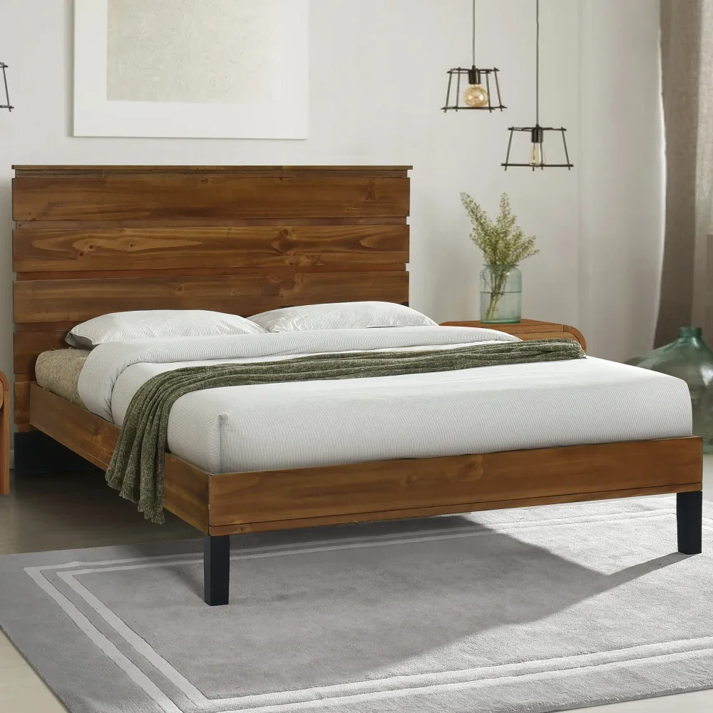 Bed Frame , Frame Platform Bed with Six-Piece Headboard Design, No Box Spring Needed, Modern Solid Wood Bed Platform