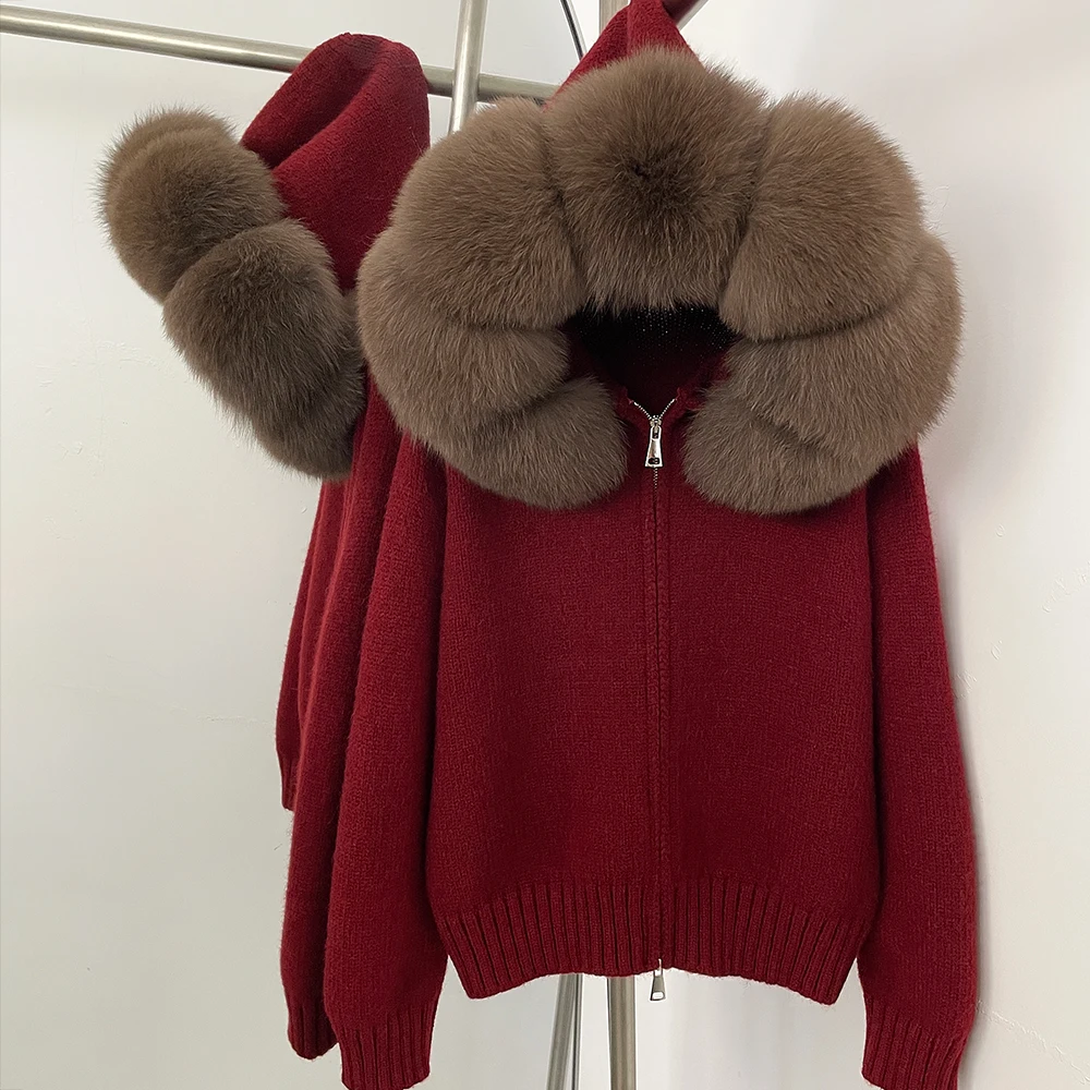 Womens Wool Blend Sweater Oversized Knit Natural Fox Fur Coat Women Real Fur Collar Knitwear Female Spring Autumn Hooded Knitted - view 3