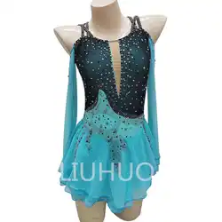 Figure Skating Dress Strap Round Neck Blue Diamond Gradual Change Long Sleeve Hook Finger Girls Performance Competition