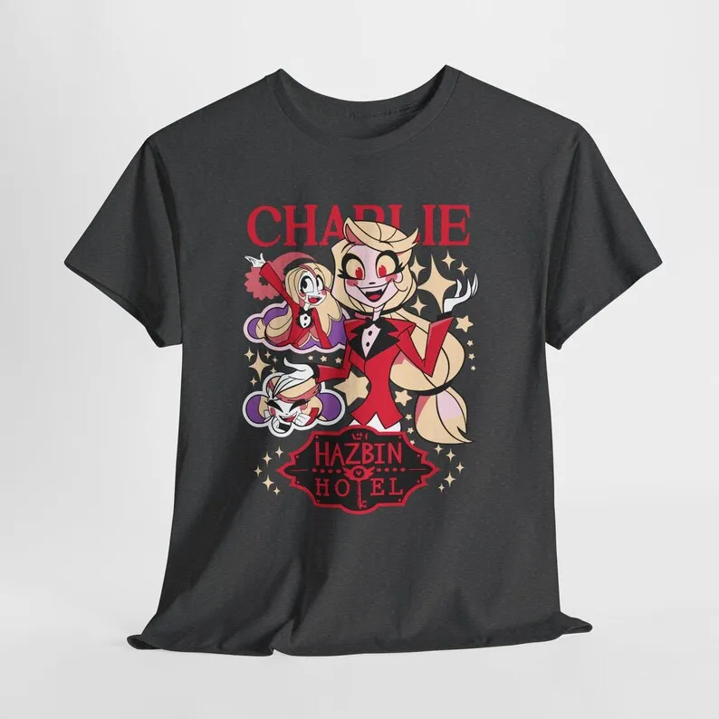 Hazbin Hotel Charlie Themed T-Shirt: Black Base with Protagonist Multi-Form & IP Name Design Fan Merch T-shirt