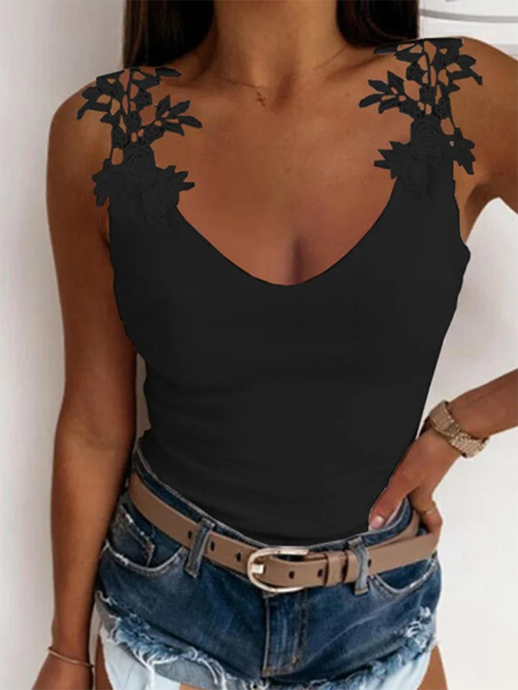 Lace Printed Monochromatic T-shirt for Women U-neck Sexy Suspender Vest Trendy Party Top Casual Lady Summer