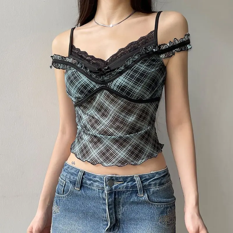 Hit Color Plaid Ropa Mujer Lace Spliced Tops 2026 Fake Two Pieces Women's Tanks Sexy Spice Girl Clothes Y2k Fashion Roupa