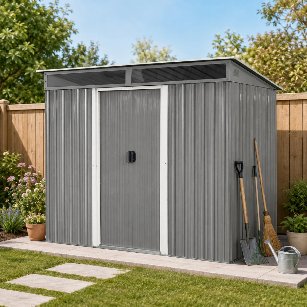 8ft x 6ft Outdoor Metal Storage with Lockable Sliding Doors and Transparent plate for Garden, Lawn (Gray) (W540P185311)