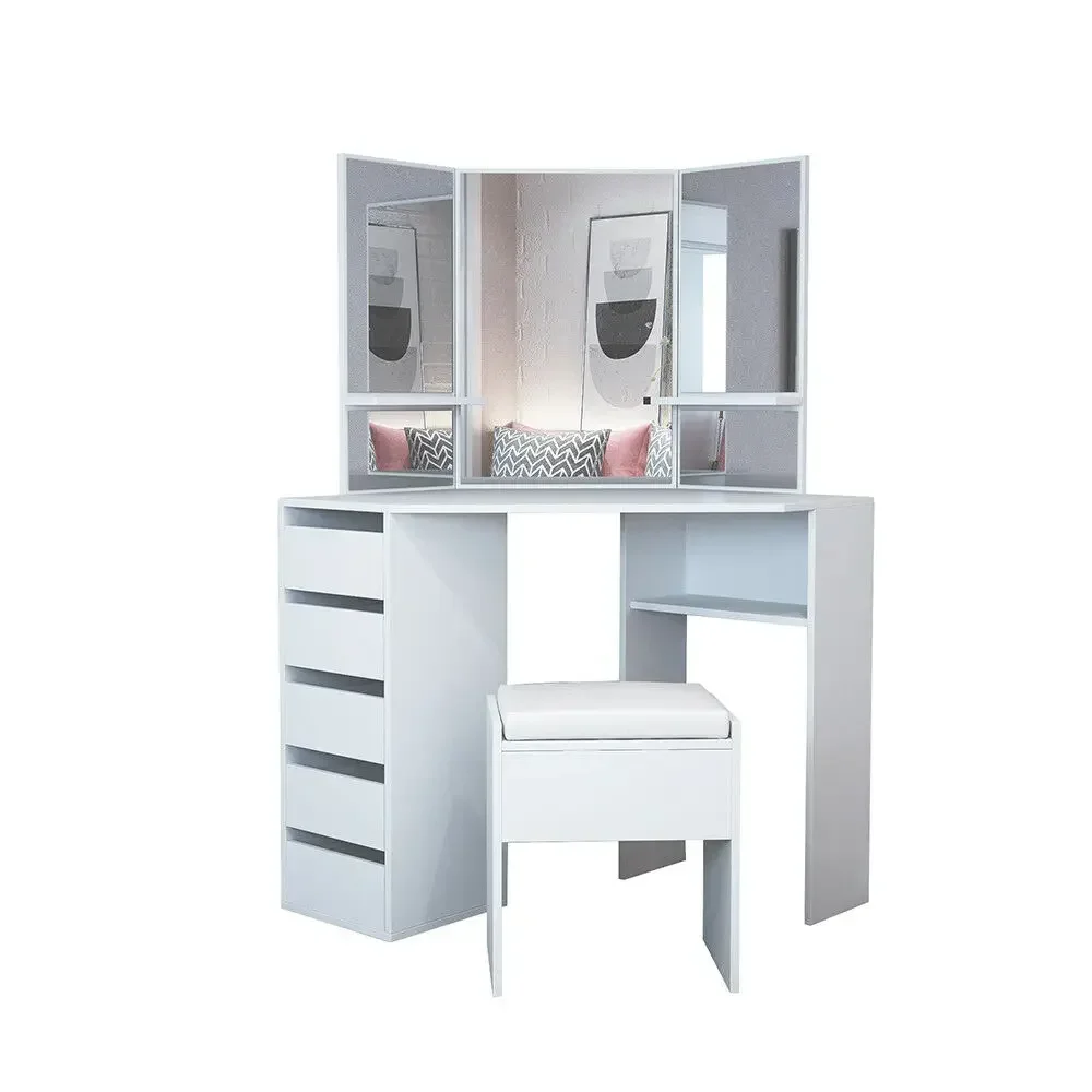 # White Corner Dressing Table Stool Vanity Set White Makeup Dresser Mirror 5 Drawers #