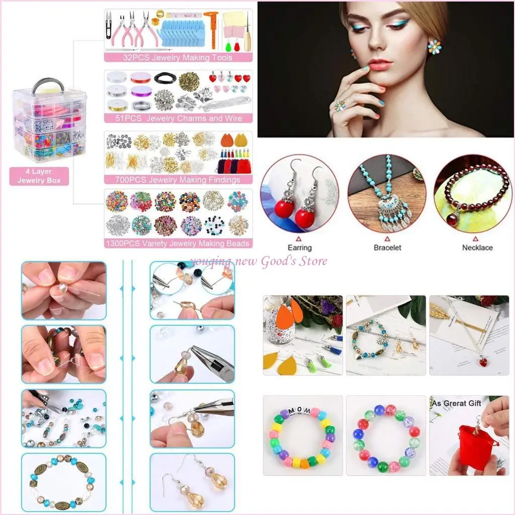 

57QA Jewelry Making Supplies DIY with Beads Charms Findings Jewellery Pliers Beading Wire for Necklace Bracelet Earrings