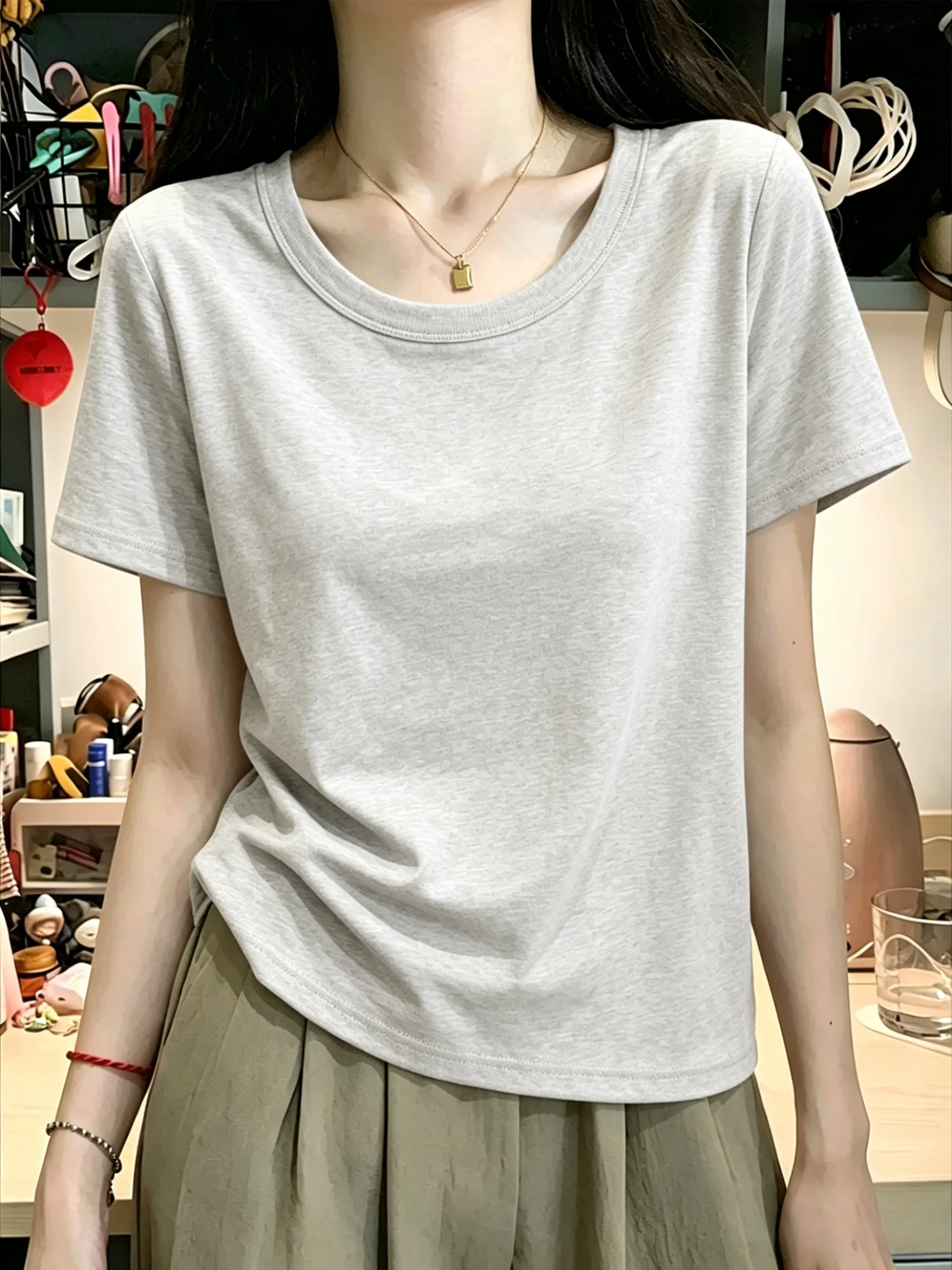 Loose U-Neck Short Sleeve T-Shirt Women plus Size Cotton 95% Elastic Fiber 5% Summer New Style Casual Comfortable Top