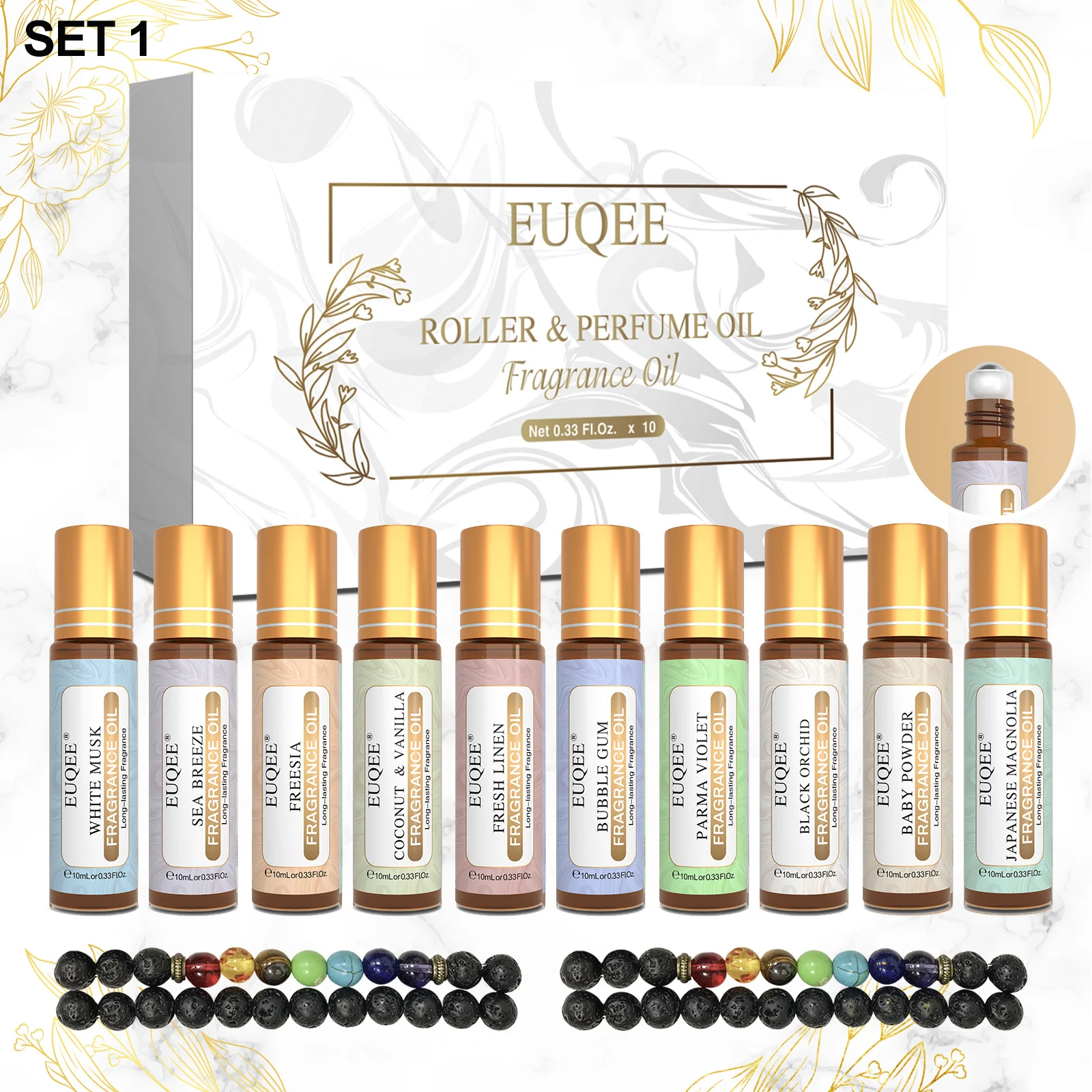 EUQEE 10PCS Fragrance Oils Set for Humidifier Diffuser Car Air Freshener White Musk Coconut& Vanilla Bubble Gum Black Orchid Oil