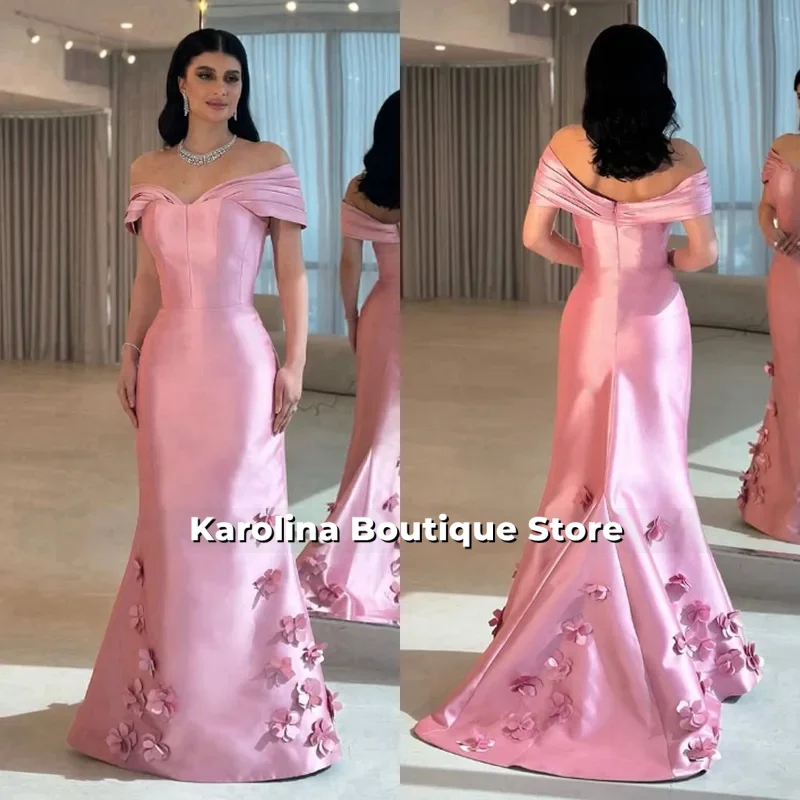 

Customized High Quality Sleeveless Off Shoulder Floor Length Pink Sweep Train Strapless A-line Appliques Robe De Soirée Femme