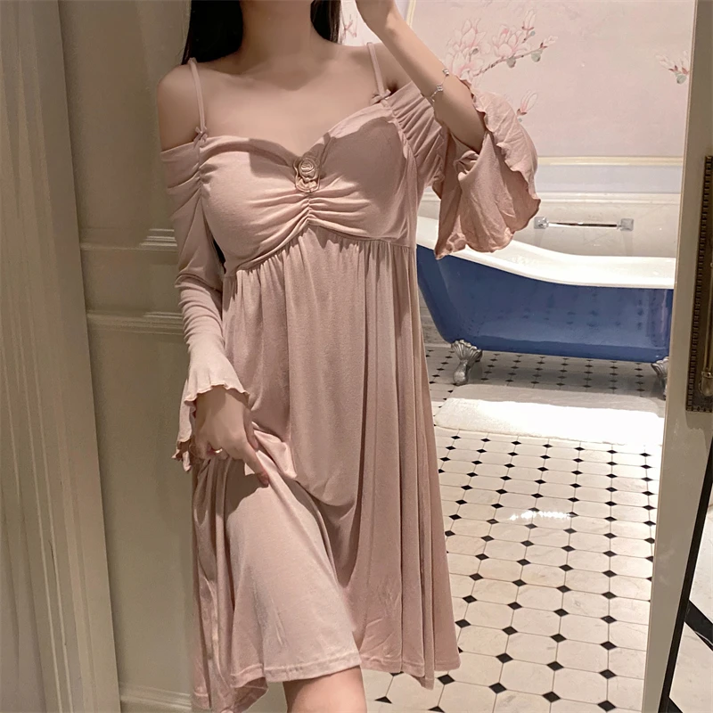 Spring and Autumn Women's Suspender Cotton V-neck Sexy Pajama Dress Solid Color Simple Sweet Midi-Length Skirt Pajamas Home Wear