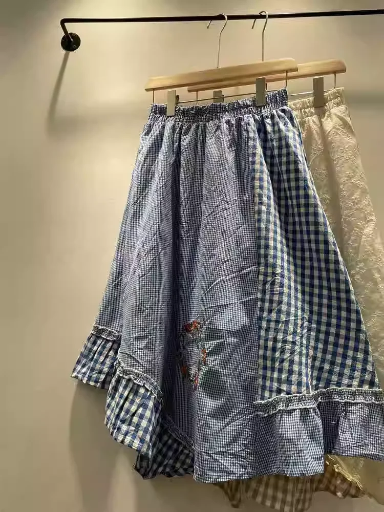 Mori kei clothing Japanese style sweet elastic waist long blue plaid patchwork asymmetric skirts for women cotton long skirts