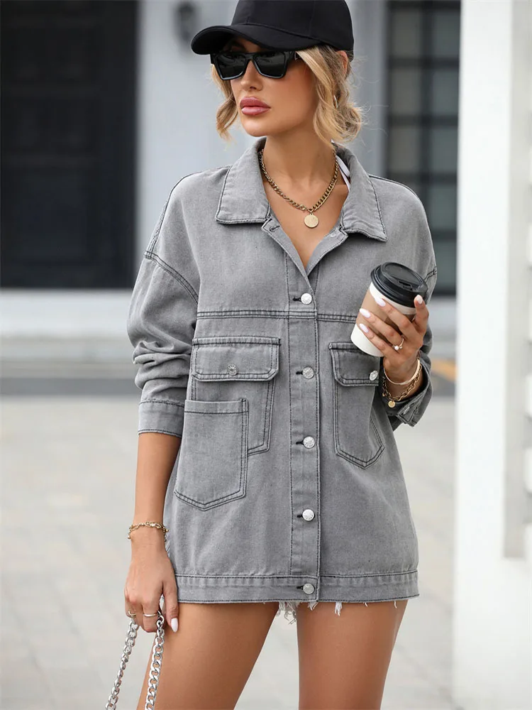 

2023 Fashion Grey Denim Jacket Women Loose Jeans Coat Casual Top Spring Autumn Vintage Washed Do-old Outerwear Female Streetwear