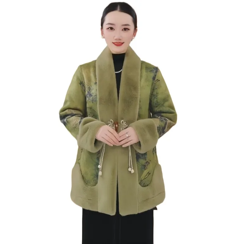 New Chinese-style New Golden Mink Fur Coat, Noble Mother's Outfit Fur and Leather Integrated Stylish Fur Coat for Elderly People