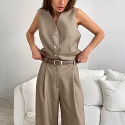 Estate nuovo senza maniche con bottoni gilet vestito con scollo a v Top pantaloni Set 2024 moda pendolare semplice due pezzi Set donna Outifits